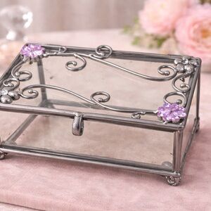 Decorative Glass Trinket Jewelry Box Floral Metal Design